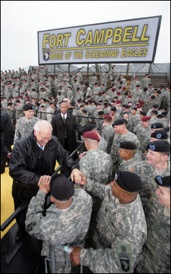 Vice President Dick Cheney greets members of the 101st Airborne Division during a visit to Fort Campbell Army Base in Fort Campbell, Ky., Monday, October 16, 2006.