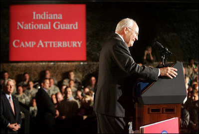 Vice President Dick Cheney smiles in response to a welcome given by troops and families at a rally for the Indiana Air and Army National Guard at Camp Atterbury in Edinburgh, Indiana, Friday, October 20, 2006.
