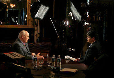 Vice President Dick Cheney participates in a radio and television interview with Sean Hannity of FOX News in the Vice President's Ceremonial Office during the White House Radio Day, Tuesday, October 24, 2006.