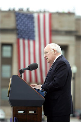 Vice President Dick Cheney delivers remarks at a Ceremony of Remembrance, Monday, September 11, 2006, at the Pentagon in Arlington, Va. to commemorate the fifth anniversary of the September 11th terrorist attacks. “We will never forget the day the war began, or the way the war began,” the Vice President said. “Our thoughts remain with the victims of 9/11. Our prayers remain with the families left behind.” 