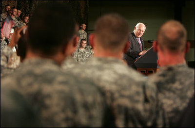 Vice President Dick Cheney thanks members of the Michigan National Guard for their service in the war on terror during an address delivered Monday, September 25, 2006, at the Grand Valley Armory in Wyoming, Mich. Since September 11, 2001, approximately 75 percent of the Michigan Guard has been deployed in support of Operation Iraqi Freedom and Operation Enduring Freedom. 