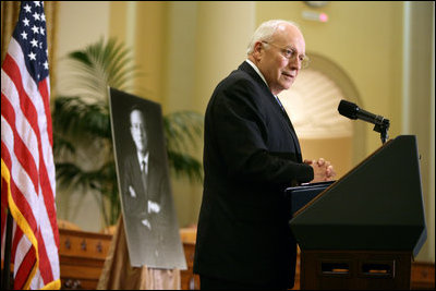 Vice President Dick Cheney delivers remarks, Thursday, August 2, 2007, at a memorial Service for former Representative Guy A. Vander Jagt at the U.S. Capitol. "From the first days of the 90th Congress to the last days of the 102nd, Guy Vander Jagt was a standout member of this House," said Vice President Cheney. "I'd wager that each of his colleagues, and each person in this room today, can recall a time when Guy did something especially generous or considerate just for us. For my part, there are many."