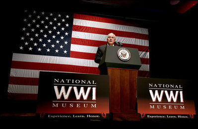 Vice President Dick Cheney addresses members of the Veterans of Foreign Wars Friday, Dec. 7, 2007 at the National World War I Museum in Kansas City, Mo. "This cause is bigger than the quarrels of party and the agendas of politicians..." said the Vice President during his remarks on the war on terror, adding, "and if we in Washington, all of us, can only see our way to work together, then the outcome is not in doubt. We will press on in our mission, and we will achieve victory."