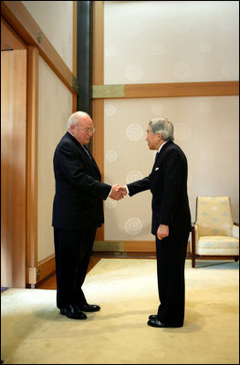 Vice President Dick Cheney is greeted Wednesday, Feb. 21, 2007, by Japan's Emperor Akihito at the Imperial Palace in Tokyo.