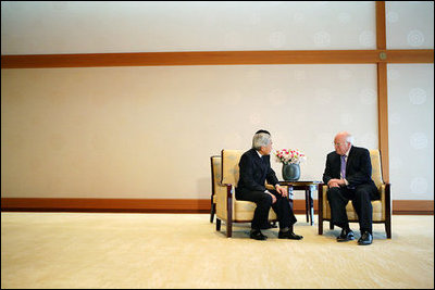 Vice President Dick Cheney talks with Japan's Emperor Akihito during a visit Wednesday, Feb. 21, 2007, to the Imperial Palace in Tokyo.