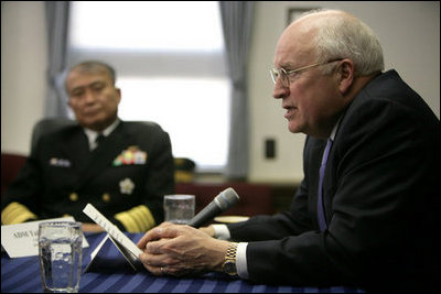 Vice President Dick Cheney delivers a statement during a meeting Wednesday, Feb. 21, 2007, with senior U.S. and Japanese military personnel at Yokosuka Naval Base in Tokyo.
