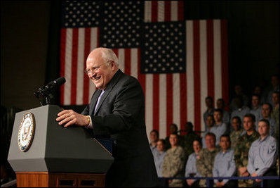 Vice President Dick Cheney smiles during remarks Wednesday, Feb. 21, 2007, to troops aboard the USS Kitty Hawk at Yokosuka Naval Base in Japan. During his address, the Vice President thanked the troops for their service and efforts in the global war on terror and said, "As I look at each of you here in the hangar bay, there is no way I could overstate how much your service means to our country."