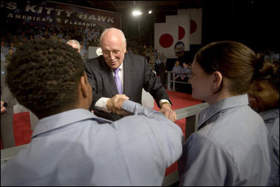 Vice President Dick Cheney greets U.S. troops Wednesday, Feb. 21, 2007, after his speech aboard the aircraft carrier USS Kitty Hawk at Yokosuka Naval Base in Japan.