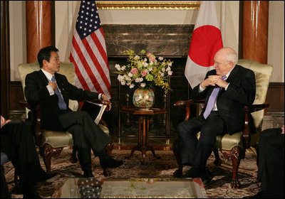Vice President Dick Cheney meets with Japanese Foreign Minister Taro Aso Wednesday, Feb. 21, 2007, at the U.S. Embassy in Tokyo.