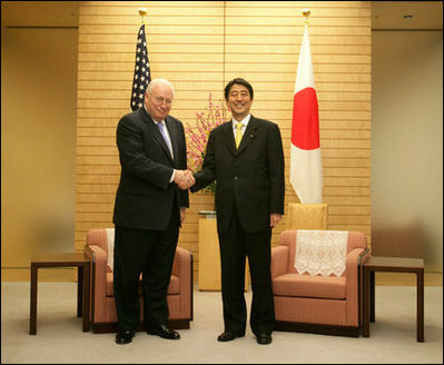 Vice President Dick Cheney stands with Prime Minister of Japan Shinzo Abe before a meeting Wednesday, Feb. 21, 2007, at the Kantei, the official residence of the Prime Minister, in Tokyo.