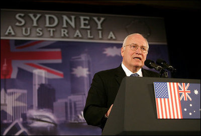 Vice President Dick Cheney delivers remarks Friday, Feb. 23, 2007, to the Australian-American Leadership Dialogue in Sydney. The Vice President told the audience, "This alliance is strong because we want it to be, and because we work at it, and because we respect each other as equals. That's the spirit of the Australian-American Leadership Dialogue -– and I thank the men and women of this organization for your tremendous contributions to the good of our alliance."