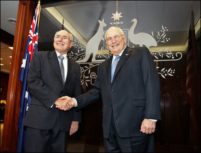 Vice President Dick Cheney and Prime Minister John Howard of Australia stand in the Prime Minister's Sydney office, Saturday, Feb. 24, 2007, before their joint press availability.