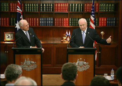 Vice President Dick Cheney answers a question Saturday, Feb. 24, 2007, during a joint press availability with Australian Prime Minister John Howard at the Prime Minister's office in Sydney.