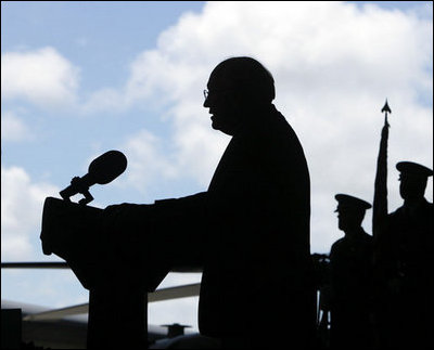 Vice President Dick Cheney delivers remarks during a rally for the troops, Thursday, Feb. 22, 2007, at Andersen Air Force Base, Guam. While en route from Tokyo to Sydney, Australia, the Vice President made the stop in Guam to thank the troops for their service and efforts in the global war on terror.