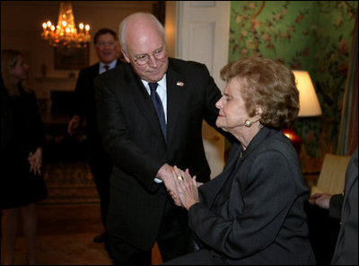 Vice President Dick Cheney greets former first lady Betty Ford at Blair House in Washington, D.C., Monday, January 1, 2007.