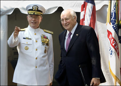 Vice President Dick Cheney talks with Vice Chairman of the Joint Chiefs of Staff Admiral Edmund P. Giambastiani, Jr., Friday, June 27, 2007, during a retirement ceremony for "Admiral G" in Annapolis, Md. Admiral Giambastiani has served in the U.S. Navy for 37 years. 