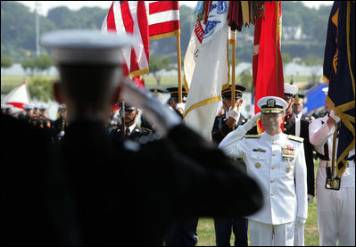 Admiral Edmund P. Giambastiani, Jr. returns a salute from Chairman of the Joint Chiefs of Staff General Peter Pace, Friday, June 27, 2007, during a retirement ceremony for Giambastiani at the Naval Academy in Annapolis, Md. "On the 3rd of June, 1970, Edmund Giambastiani, Jr. became an officer -- raising his right hand and swearing to defend the Constitution of the United States against all enemies, foreign and domestic," said Vice President Dick Cheney during the ceremony, adding, "He has been faithful to that oath, and he has earned the satisfaction of this moment. We honor this leader of distinction for his 37 years of commissioned service; for his lifetime of achievement; and for the sterling example he leaves to us all." 