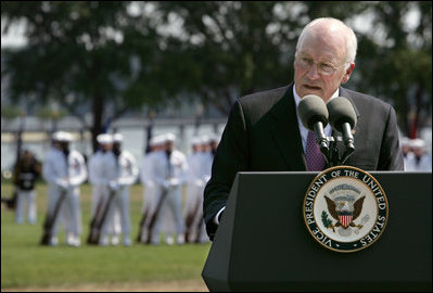 Vice President Dick Cheney delivers his remarks at the Armed Forces Farewell Tribute and Retirement Ceremony for Vice Chairman of the Joint Chiefs of Staff Admiral Edmund P. Giambastiani, Jr., Friday, June 27, 2007, at the United States Naval Academy in Annapolis, Md. "He will always be remembered as one of the military leaders who brought us into the 21st century -- with a clear understanding of this technological age, and an absolute determination to preserve America's competitive advantage in warfare," said the Vice President. "Years into the future, our military will be better, and our nation will be safer, thanks to the skill and foresight of this Navy admiral." 