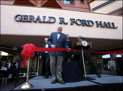 Vice President Dick Cheney participates in a ribbon-cutting ceremony Saturday, June 23, 2007, to mark the dedication of the newly renamed Gerald R. Ford Hall during the 26th annual AEI World Forum at the Park Hyatt Hotel in Beaver Creek, Colorado. The AEI World Forum, originally conceived by former President Gerald R. Ford, attracts political and economic leaders from around the world and is presented by the American Enterprise Institute for Public Policy Research and the Vail Valley Foundation.