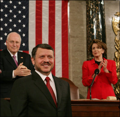 Vice President Dick Cheney and House Speaker Nancy Pelosi applaud King Abdullah II of Jordan as he prepares to address a Joint Meeting of Congress, Tuesday, March 7, 2007 at the U.S. Capitol.