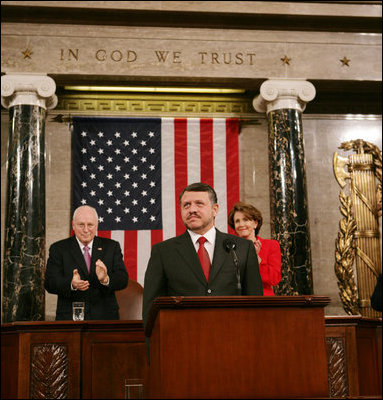 Vice President Dick Cheney and House Speaker Nancy Pelosi applaud King Abdullah II of Jordan during his address to a Joint Meeting of Congress, Tuesday, March 7, 2007 at the U.S. Capitol.
