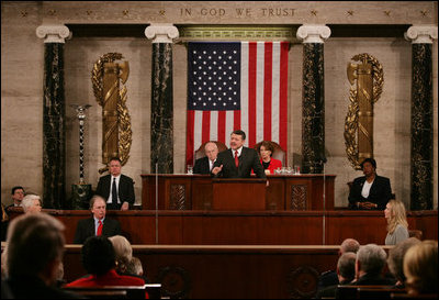 Vice President Dick Cheney and House Speaker Nancy Pelosi listen as King Abdullah II of Jordan addresses a Joint Meeting of Congress, Tuesday, March 7, 2007 at the U.S. Capitol.