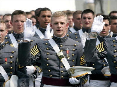  Cadets from the U.S. Military Academy Class of 2007 take the oath of office Saturday, May 26, 2007, during graduation ceremonies in West Point, N.Y. "Your country has prepared you, and now your country is counting on you," the Vice President said during his commencement address, adding, "I know that each one of you will serve with skill, and carry yourself with honor, and take care of your soldiers, because that is the way of the West Point officer." 