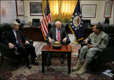 Vice President Dick Cheney participates in a classified briefing Wednesday, May 9, 2007, inside the Green Zone in Baghdad with U.S. Ambassador to Iraq Ryan Crocker and General David Petraeus, Commander of U.S. forces in Iraq. 