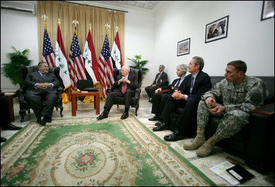 Vice President Dick Cheney and U.S. officials meet with Iraqi President Jalal Talabani Wednesday, May 9, 2007, at the U.S. Embassy in Baghdad. 