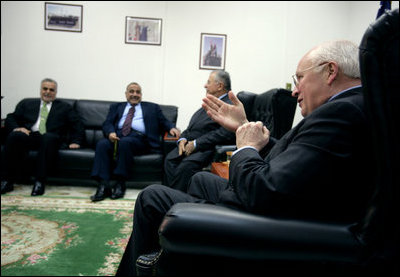 Vice President Dick Cheney addresses the media during a meeting with the Iraqi Presidency Council Wednesday, May 9, 2007, in Baghdad. Seated from left are Iraqi Vice Presidents Tariq al-Hashemi and Adel Abd al-Mehdi and Iraqi President Jalal Talabani. 