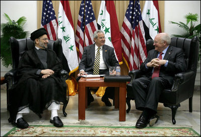 Vice President Dick Cheney meets with the Abdul Aziz al-Hakim, Chairman of the Supreme Council for the Islamic Revolution in Iraq, Wednesday, May 9, 2007, in Baghdad. 