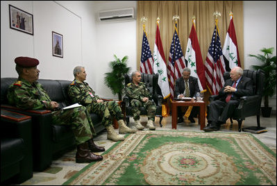 Vice President Dick Cheney meets with Iraqi Lieutenant General Abboud, commanding general for the Baghdad security plan, and Iraqi military officers Wednesday, May 9, 2007, in Baghdad. 