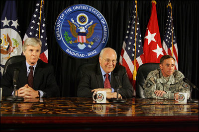 Vice President Dick Cheney is joined by U.S. Ambassador to Iraq Ryan Crocker, left, and General David Petraeus, Commander of U.S. forces in Iraq, right, for a press conference Wednesday, May 9, 2007, at the U.S. Embassy in Baghdad. In speaking about the day's meetings with Iraqi officials, the Vice President said, "I emphasized the importance of making progress on the issues before us, not only on the security issues but also on the political issues that are pending before the Iraqi government. I was impressed with the commitment on the part of the Iraqis to succeed on these tasks, to work together to solve these issues." 
