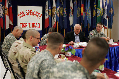 Vice President Dick Cheney has breakfast with U.S. troops Thursday, May 10, 2007, at Contingency Operating Base Speicher near Tikrit, Iraq. Following his overnight stay, the Vice President became the highest ranking administration official to spend the night in Iraq. 