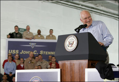 Vice President Dick Cheney delivers remarks, Friday, May 11, 2007, to U.S. troops aboard the aircraft carrier USS John C. Stennis in the Persian Gulf. 