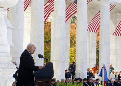 Vice President Dick Cheney delivers remarks Sunday, Nov. 11, 2007, during Veteran's Day ceremonies at Arlington National Cemetery in Arlington, Va. "Gathered as we are today in a time of war, we're only more sharply aware of the nation's debt to the members of the armed forces," said the Vice President, adding, "They are constantly in our thoughts."
