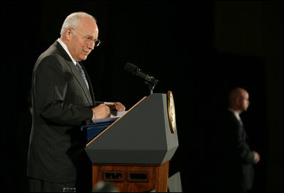 Vice President Dick Cheney delivers remarks at the Washington Institute for Near East Policy's annual Weinberg Founders Conference, Sunday, Oct. 21, 2007, in Landsdowne, Va. The Weinberg Founders Conference brings together scholars, diplomats, journalists and experts from around the globe for non-partisan discussions on issues surrounding U.S. Middle East policy.