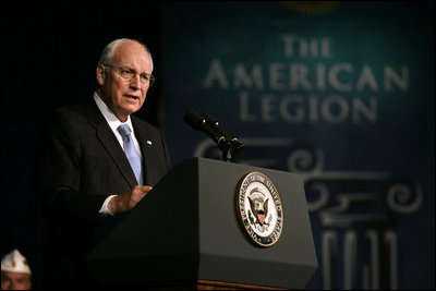 Vice President Dick Cheney addresses the 90th American Legion Convention Wednesday, Aug. 27, 2008 in Phoenix. "On my final visit to the American Legion as Vice President, I also want to thank each of you for the unstinting support you are giving to the men and women serving in our military today," said the Vice President, later adding, "We are blessed with the finest military any nation has ever fielded, and may we never take them or their families for granted."