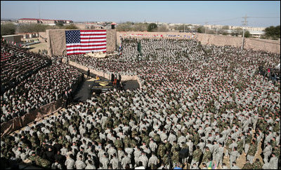 Vice President Dick Cheney delivers remarks to over 9,000 U.S. Army troops Tuesday, Feb. 26, 2008 at Fort Hood, Texas. During his remarks the Vice President expressed his appreciation for the service of soldiers of the First Cavalry Division and Three Corps who have recently returned from a 15-month deployment in Iraq.