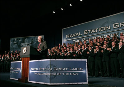 Vice President Dick Cheney delivers remarks to U.S. Naval recruits and sailors Friday, March 7, 2008, at Naval Station Great Lakes in Great Lakes, Ill.