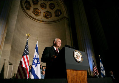 Vice President Dick Cheney delivers remarks, Thursday, May 8, 2008, at a reception celebrating the 60th anniversary of the founding of the state of Israel, hosted by the Israeli Embassy at the Andrew Mellon Auditorium in Washington, D.C.