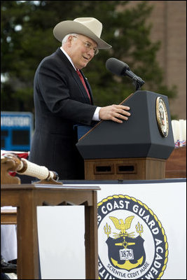 Vice President Dick Cheney addresses graduates of the U.S. Coast Guard Academy, Wednesday, May 21, 2008, during commencement ceremonies in New London, Conn. "Today you're the same men and women you were four years ago -- only better," said the Vice President. "With you in the officer corps, it'll be the same Coast Guard -- only better. So this day of your commissioning is more than a memorable day in your own life -- it's a great day for the Coast Guard, and for the United States of America."
