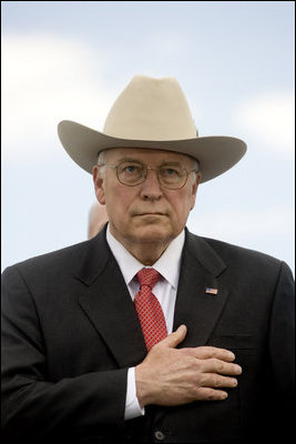 Vice President Dick Cheney stands with hand over heart for the playing of the national anthem, Wednesday, May 21, 2008, during the U.S. Coast Guard Academy commencement ceremony in New London, Conn.