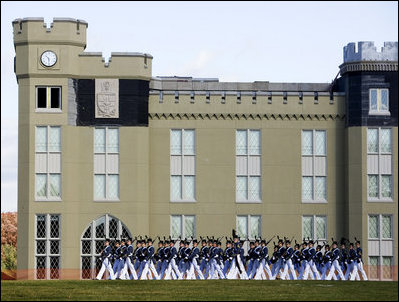Virginia Military Institute Corps of Cadets march onto the VMI Parade Ground where Vice President Dick Cheney addressed the Corps during the institute's annual Military Appreciation Day festivities, Saturday, Nov. 8, 2008, in Lexington, Va.