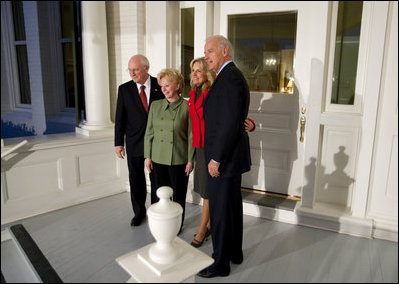 Vice President Dick Cheney and Mrs. Lynne Cheney welcome Vice President-elect Joe Biden and Mrs. Jill Biden to the Vice President’s Residence Thursday, November 13, 2008, at the U.S. Naval Observatory in Washington, D.C.