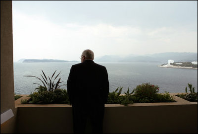 Vice President Dick Cheney looks out over the Adriatic Sea, Saturday, May 6, 2006 from the medieval city of Dubrovnik, Croatia.