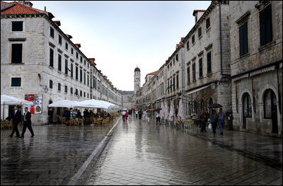 A light rain falls onto the Placa, or main street, of the Old City of Dubrovnik, Croatia, May 7, 2006. The medieval era city is host for a meeting of the Adriatic Charter, an alliance between the countries of Croatia, Macedonia and Albania.