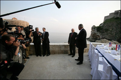 Vice President Dick Cheney and Croatian Prime Minister Ivo Sanader address the media, Saturday, May 6, 2006. Describing U.S. - Croatian relations the Vice President said, "It's a very important developing relationship that the United States has with Croatia. I think all Americans have been tremendously impressed with how far Croatia has come since the last few years. We are strongly supportive of Croatia becoming a full member of the transatlantic community -- both in terms of working with NATO and the European Community."