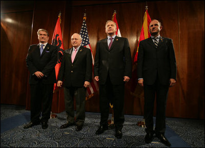 Vice President Dick Cheney stands with Albanian Prime Minister Sali Berisha, left, Croatian Prime Minister Ivo Sanader, center right, and Macedonian Prime MInister Vlado Buckovski, right, during a multilateral meeting of the Adriatic Charter countries, Sunday, May 7, 2006 in Dubrovnik, Croatia.