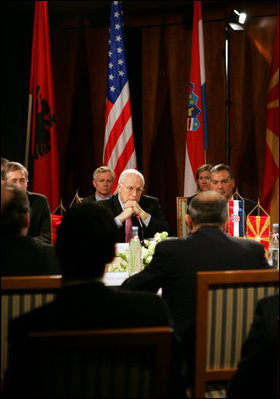 Vice President Dick Cheney listens during a meeting of the Adriatic Charter, Sunday, May 7, 2006 in Dubrovnik, Croatia. The Vice President attended the meetings to gauge the progress being made by Croatia, Macedonia and Albania as they move forward in their joint aspirations for admittance into the transatlantic community through membership in NATO and the European Community.